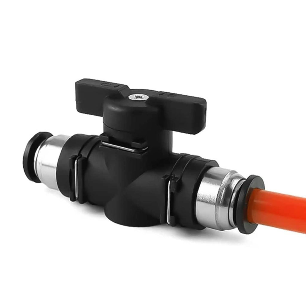 Pneumatic ball valve with push-to-tube fitting and orange tube, black housing