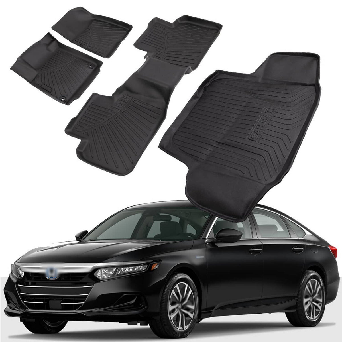 Set of black rubber car floor mats with raised grooves and custom fit sections