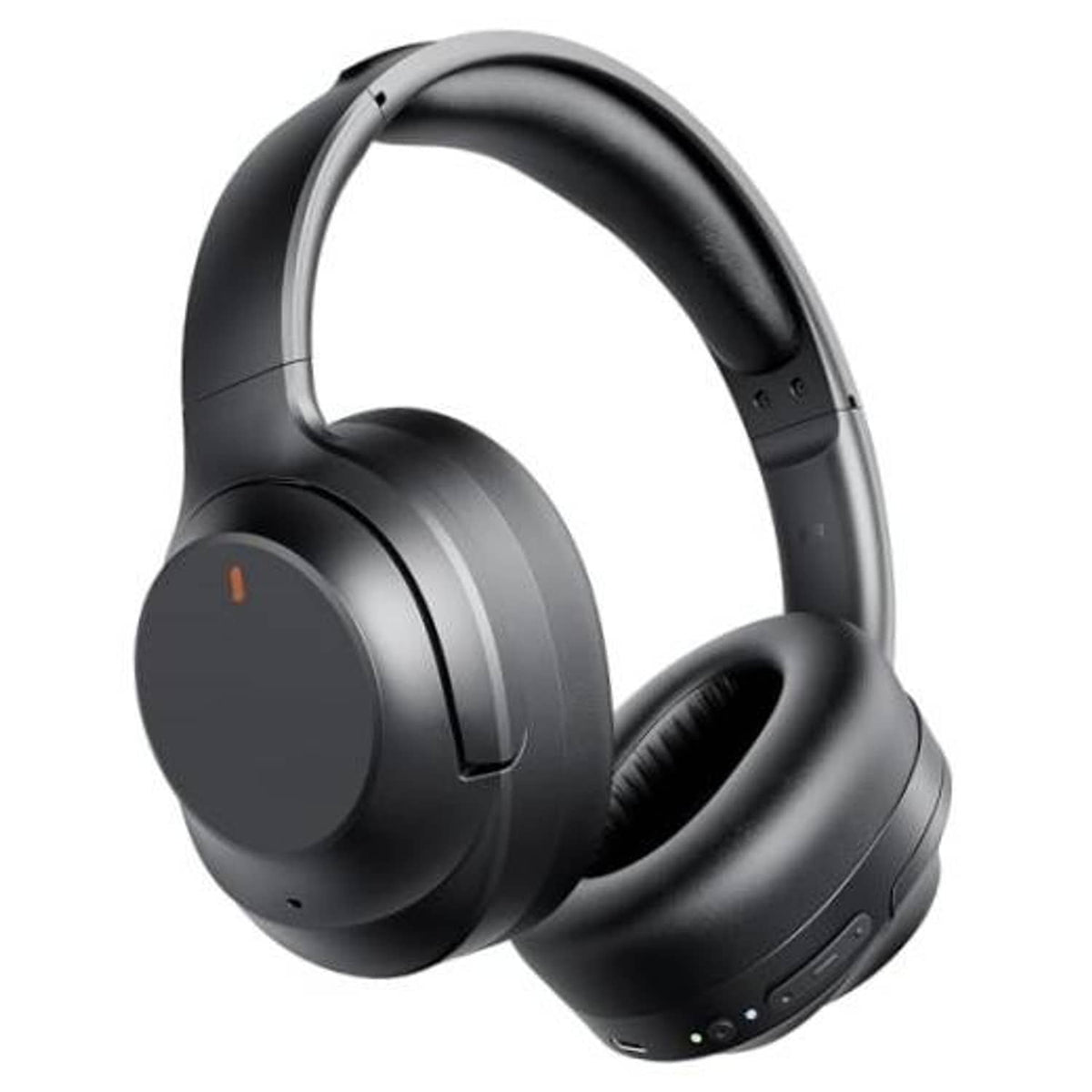Black over-ear wireless noise cancelling headphones, side view with padded ear cups
