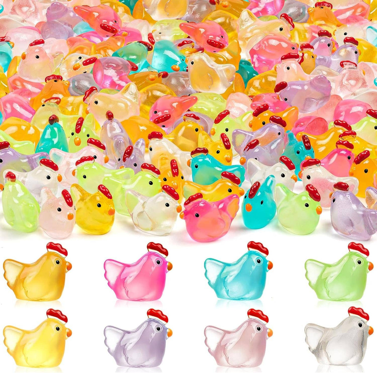 Assorted colorful mini chicken resin figurines with red combs and glossy bodies