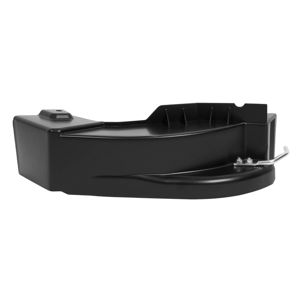 Black mulch plug chute with metal release lever and mounting tabs, for mower deck
