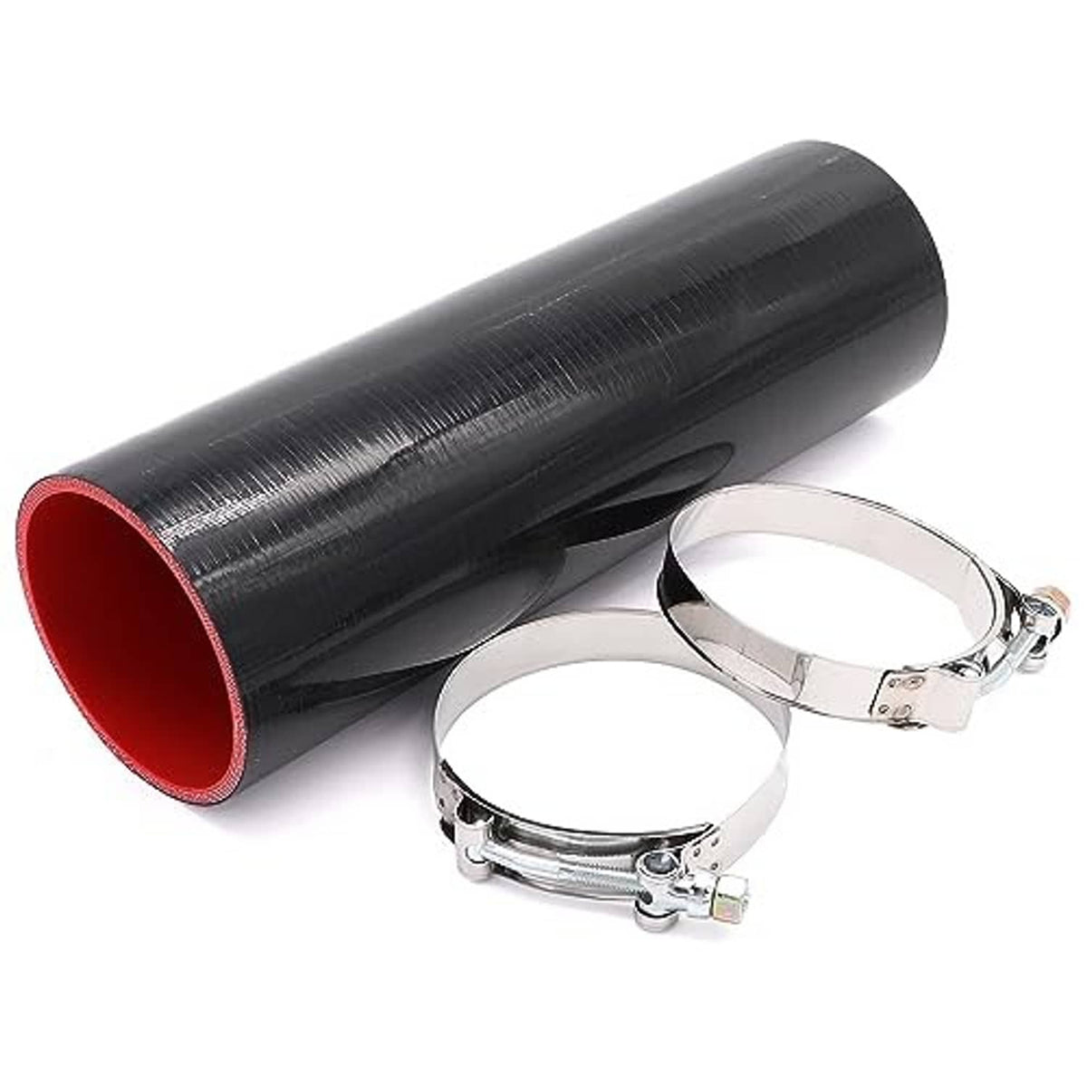 Black silicone hose coupler with red inner lining and two metal hose clamps