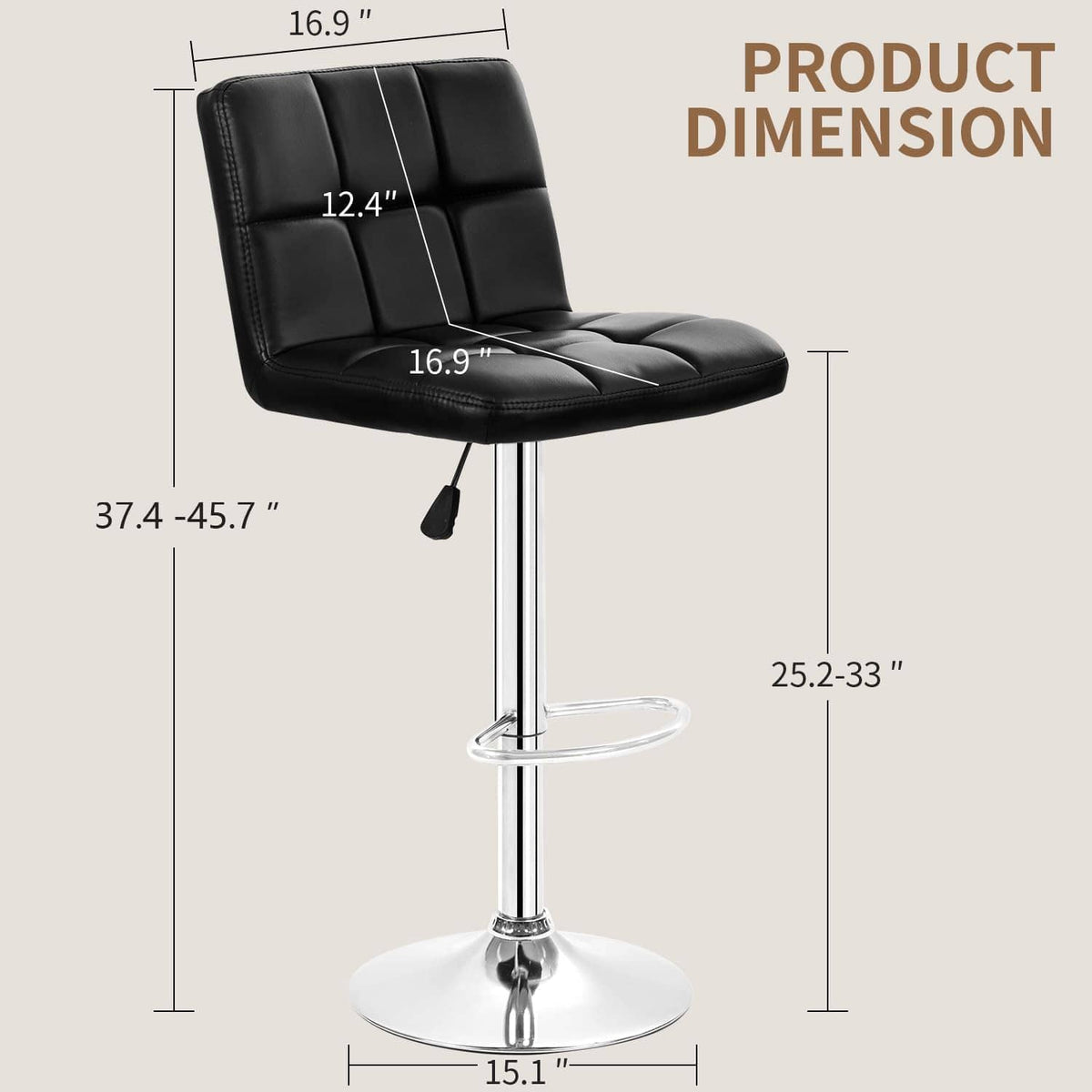 Black adjustable PU leather bar stool with padded seat, chrome base, and footrest.
