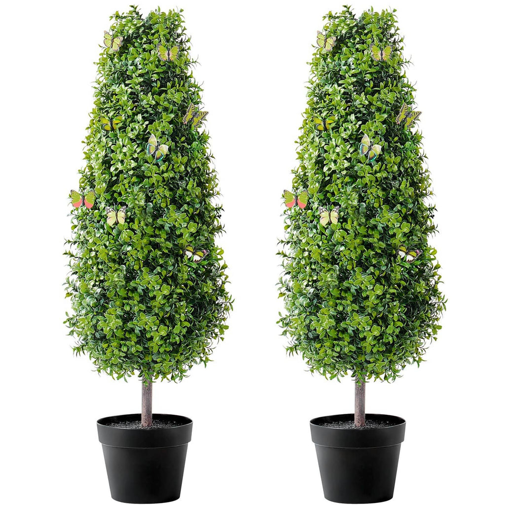 Artificial boxwood topiary trees, bright green foliage in black square pots (2-pack)