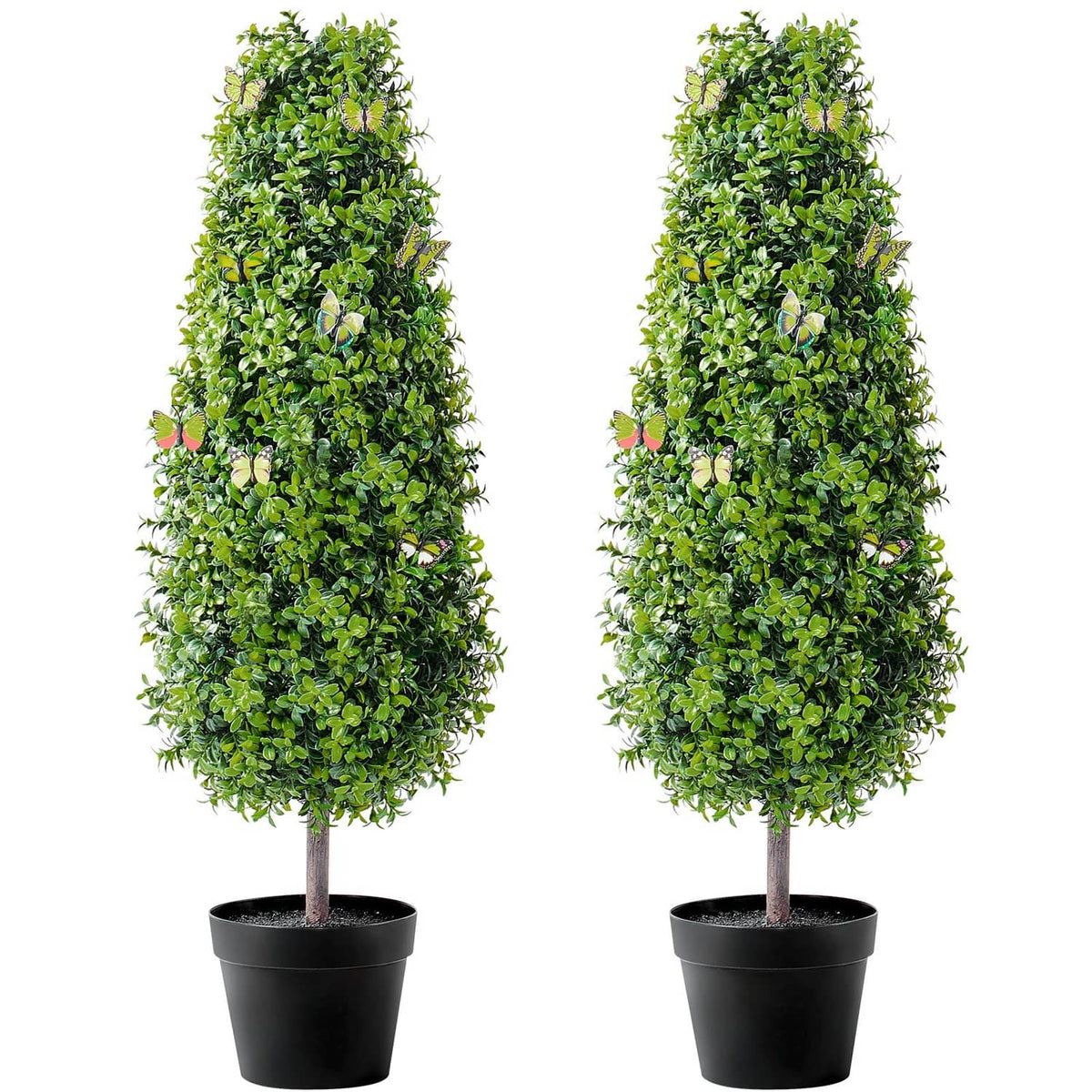 Artificial boxwood topiary trees, bright green foliage in black square pots (2-pack)