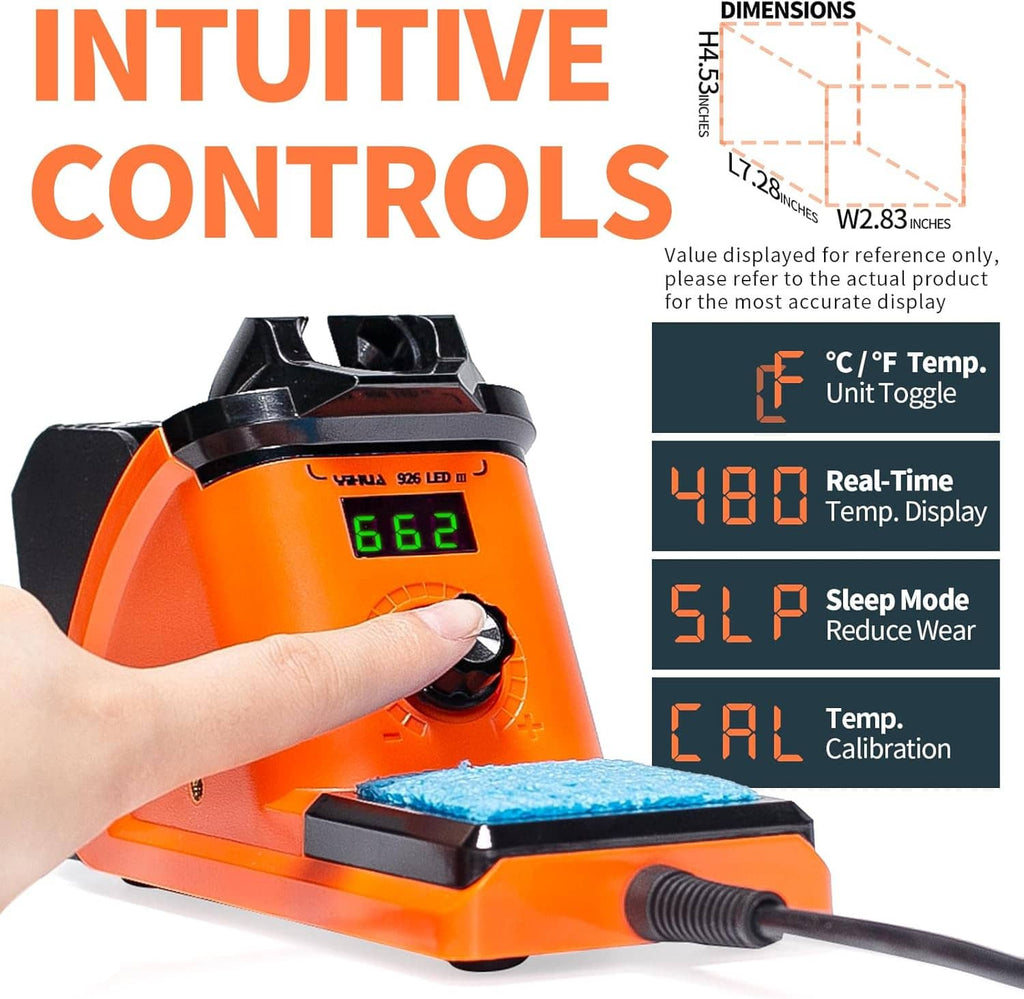 Orange soldering iron station with green temperature display and hand adjusting control knob