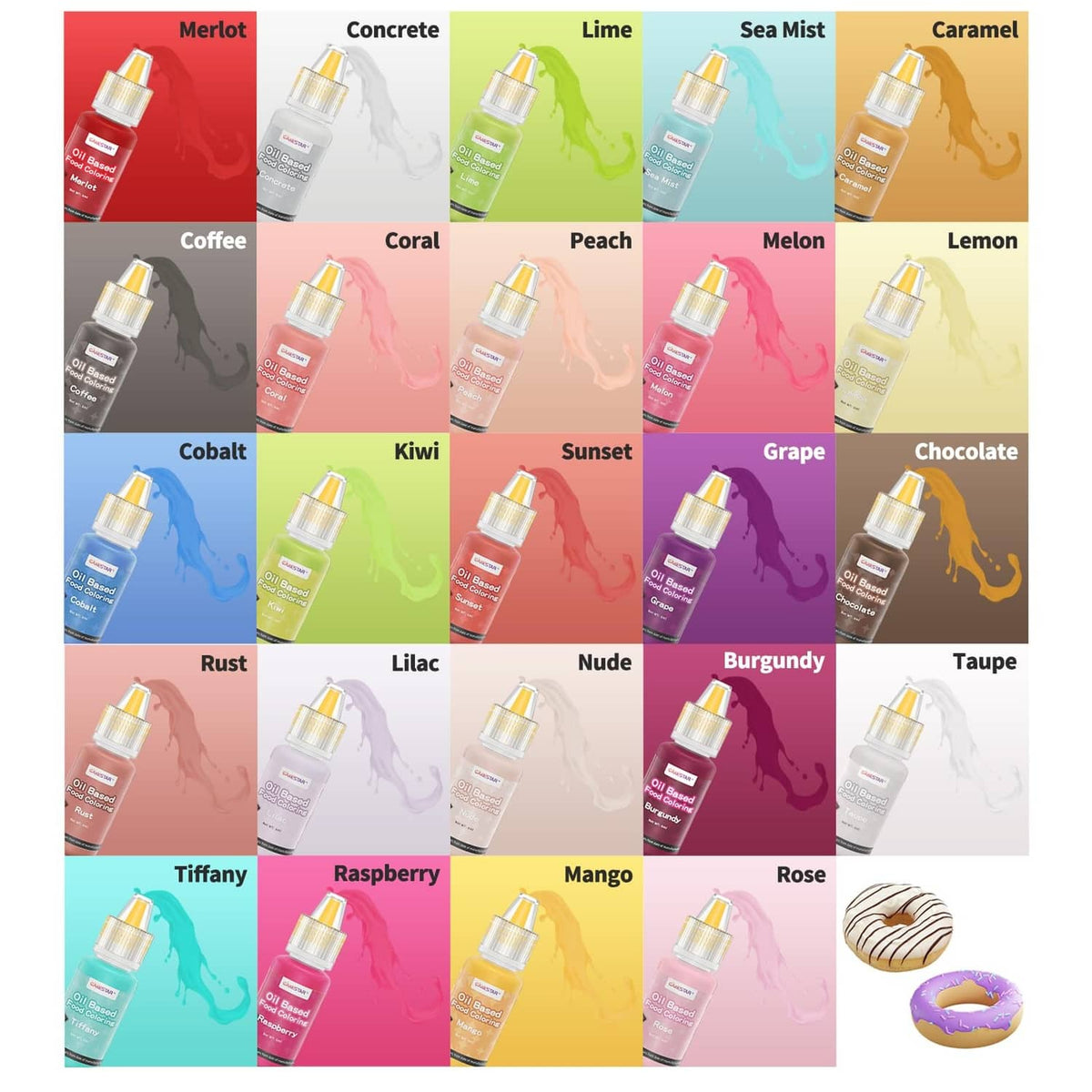 Oil-based food coloring bottles shown on a color swatch chart with multiple shades