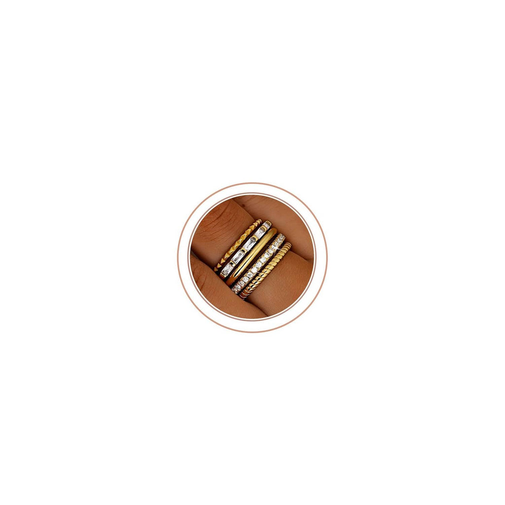 Thin gold-plated stackable rings with textured bands, set of 7