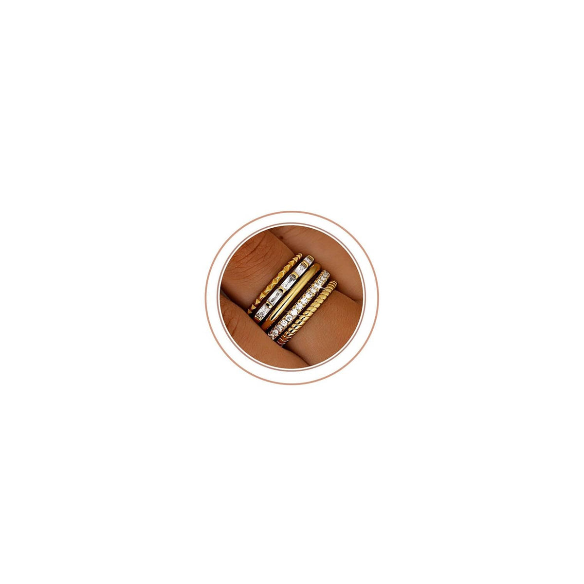 Thin gold-plated stackable rings with textured bands, set of 7