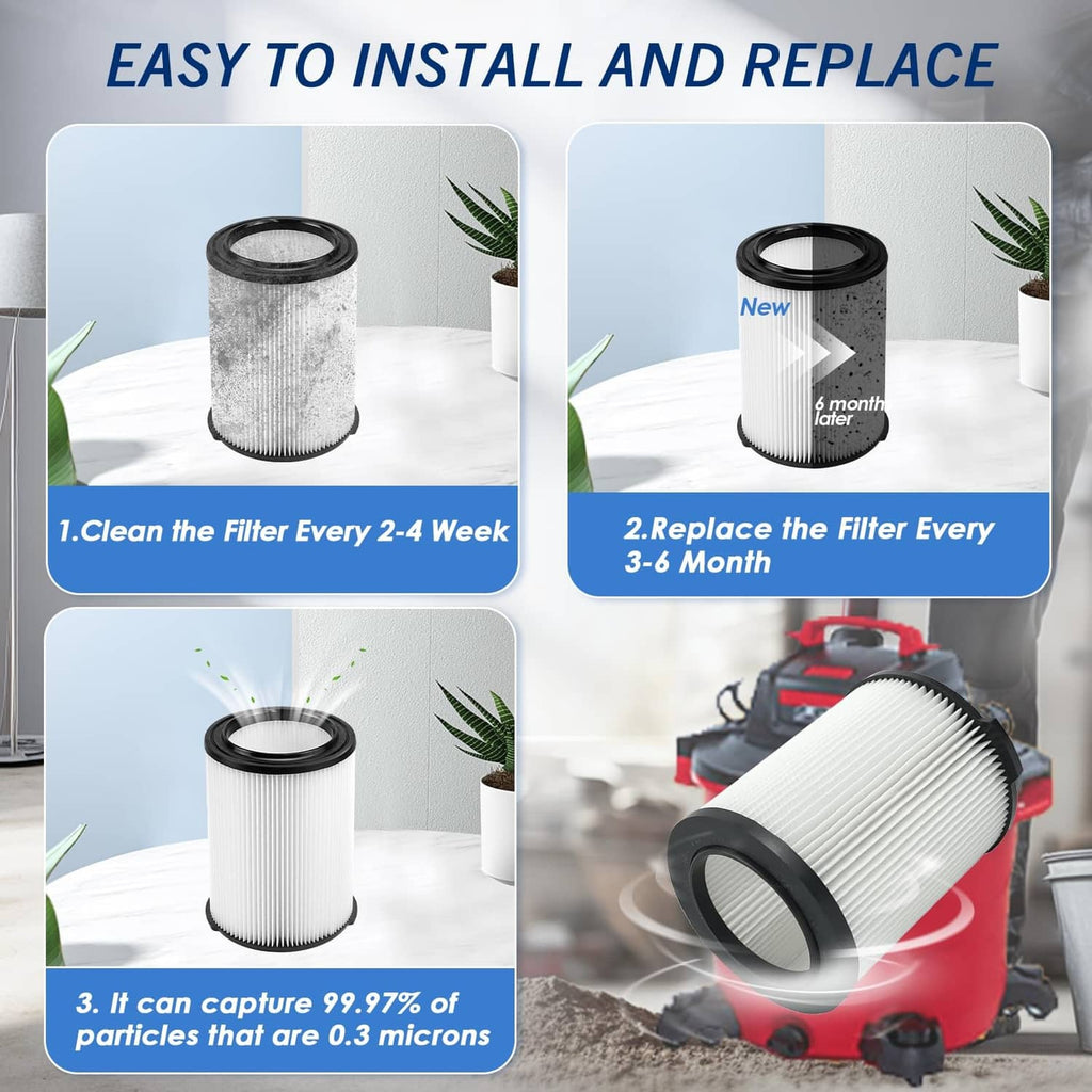 Easy-install vacuum filter cartridge, pleated white media with black top end ring