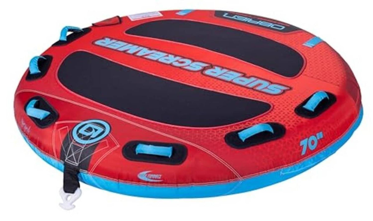Red and blue towable boating tube with blue trim, black vents, and rope connector
