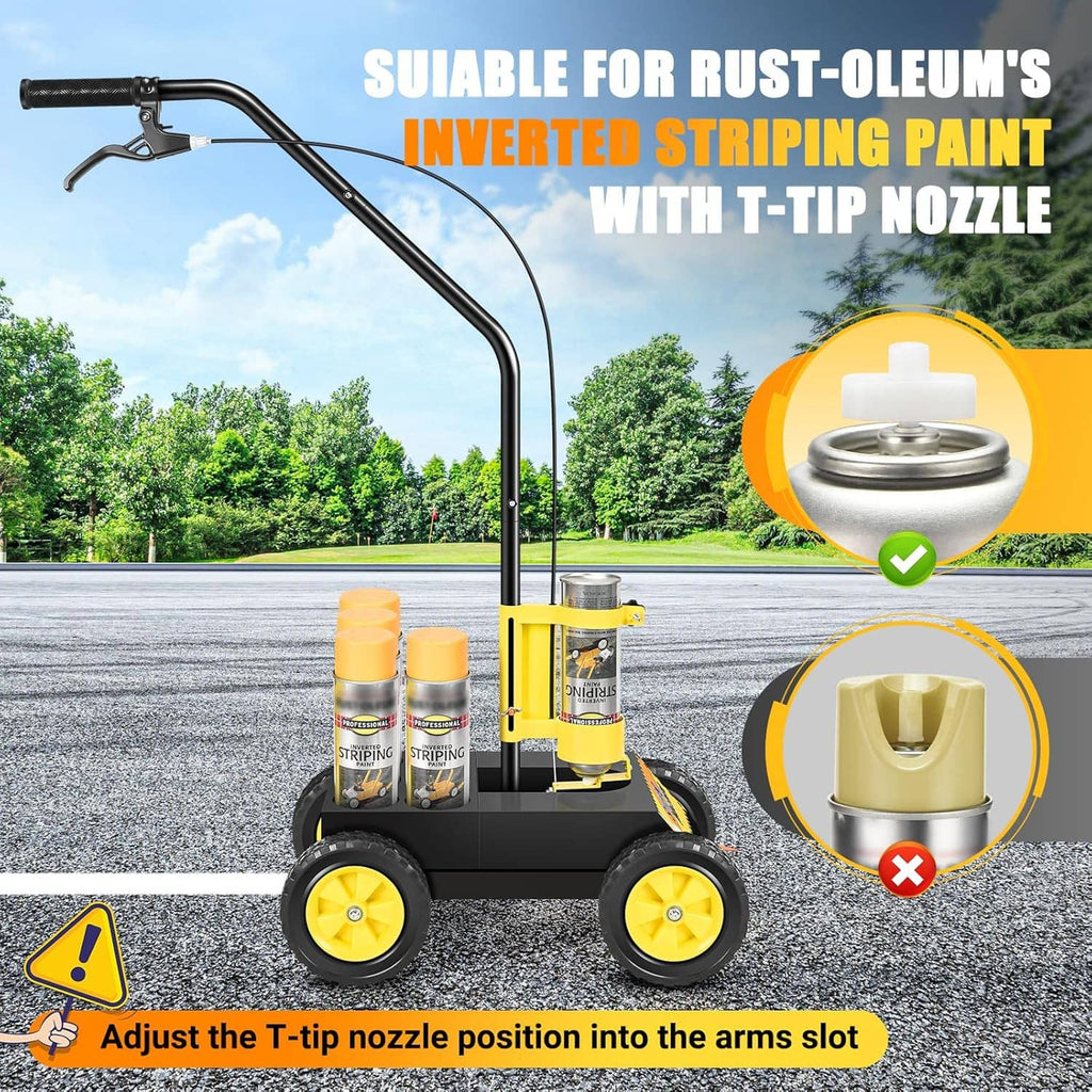 Black and yellow paint line marking cart with T-tip nozzle and four paint cans