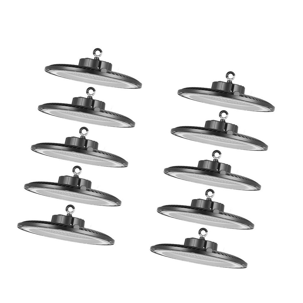 Set of LED high bay lights, round black fixtures with hanging eyelets