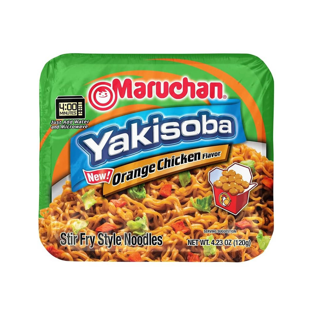 Instant Yakisoba orange chicken noodle pouch, green pack with product label