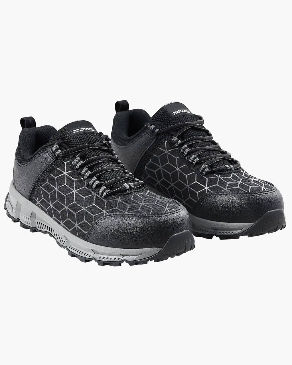 Black lace-up athletic work shoes with geometric pattern and thick rubber sole