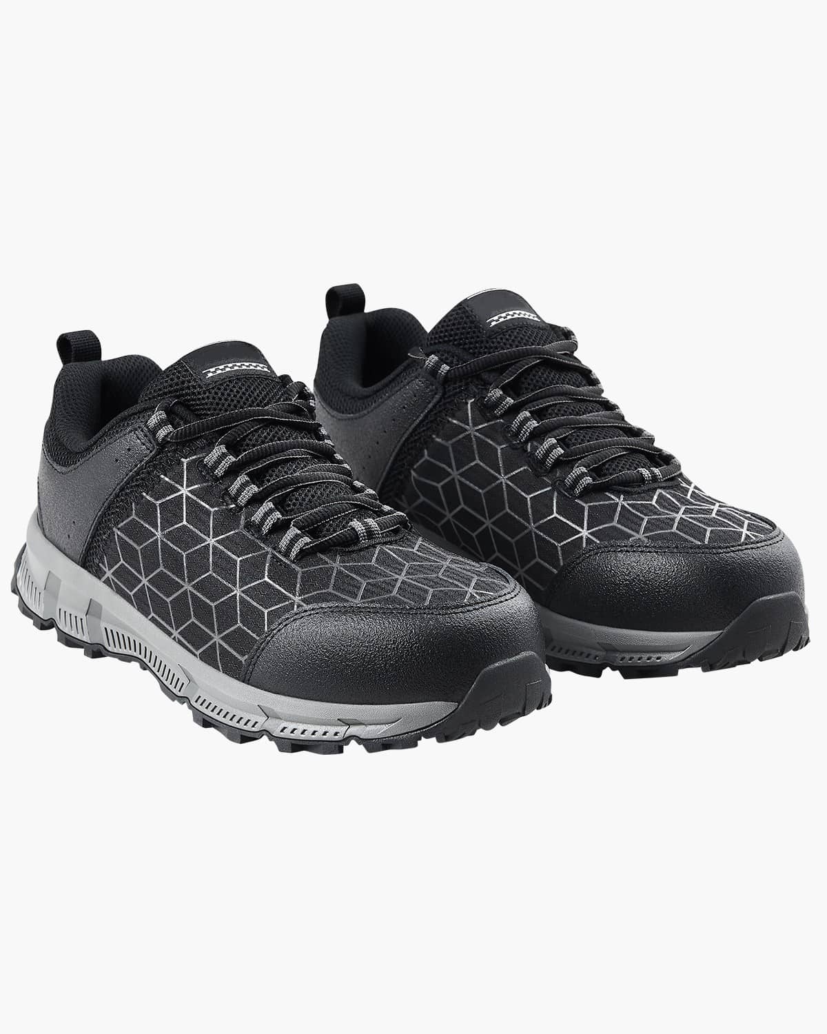 Black lace-up athletic work shoes with geometric pattern and thick rubber sole