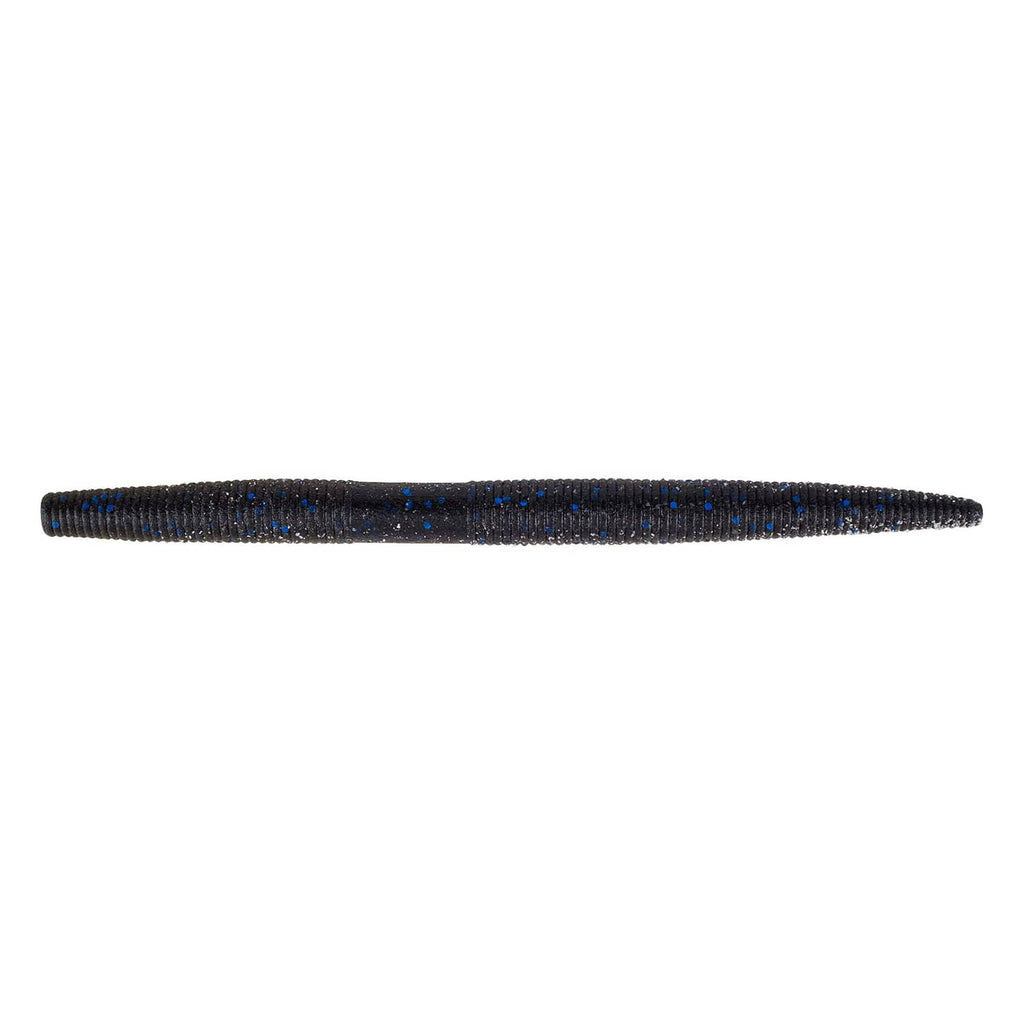 Black soft plastic stick worm with blue flecks, tapered body and ribbed texture