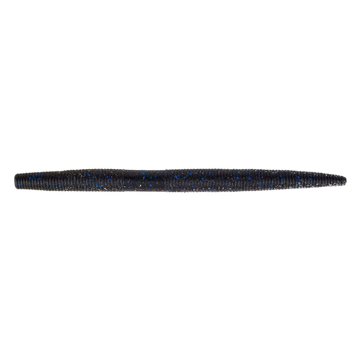 Black soft plastic stick worm with blue flecks, tapered body and ribbed texture