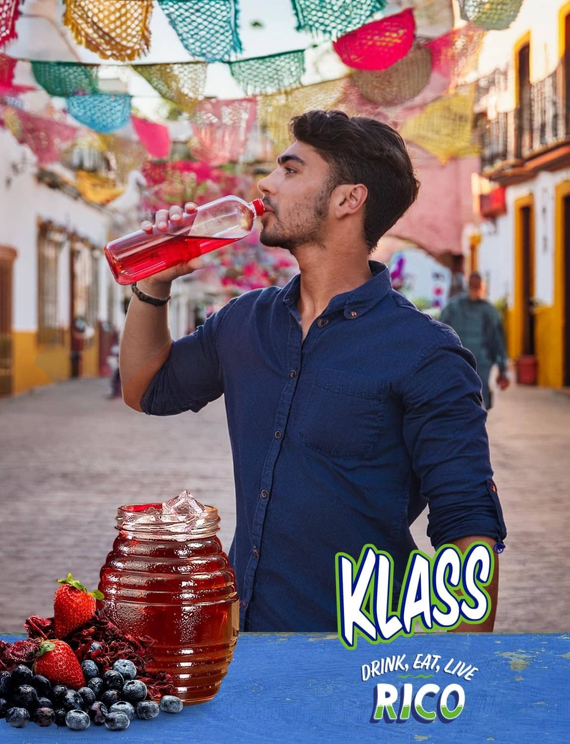 Klass aguas frescas drink mix stick pack with red drink jar and berry fruit