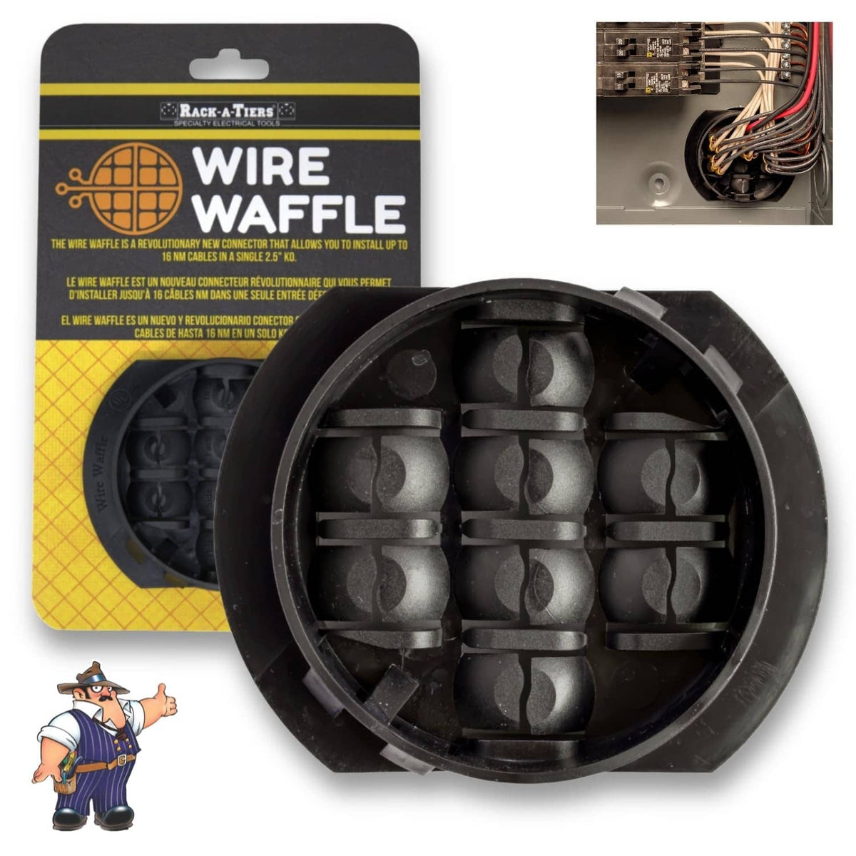 Black wire waffle cable connector, circular grid insert for 2.5 in knockouts