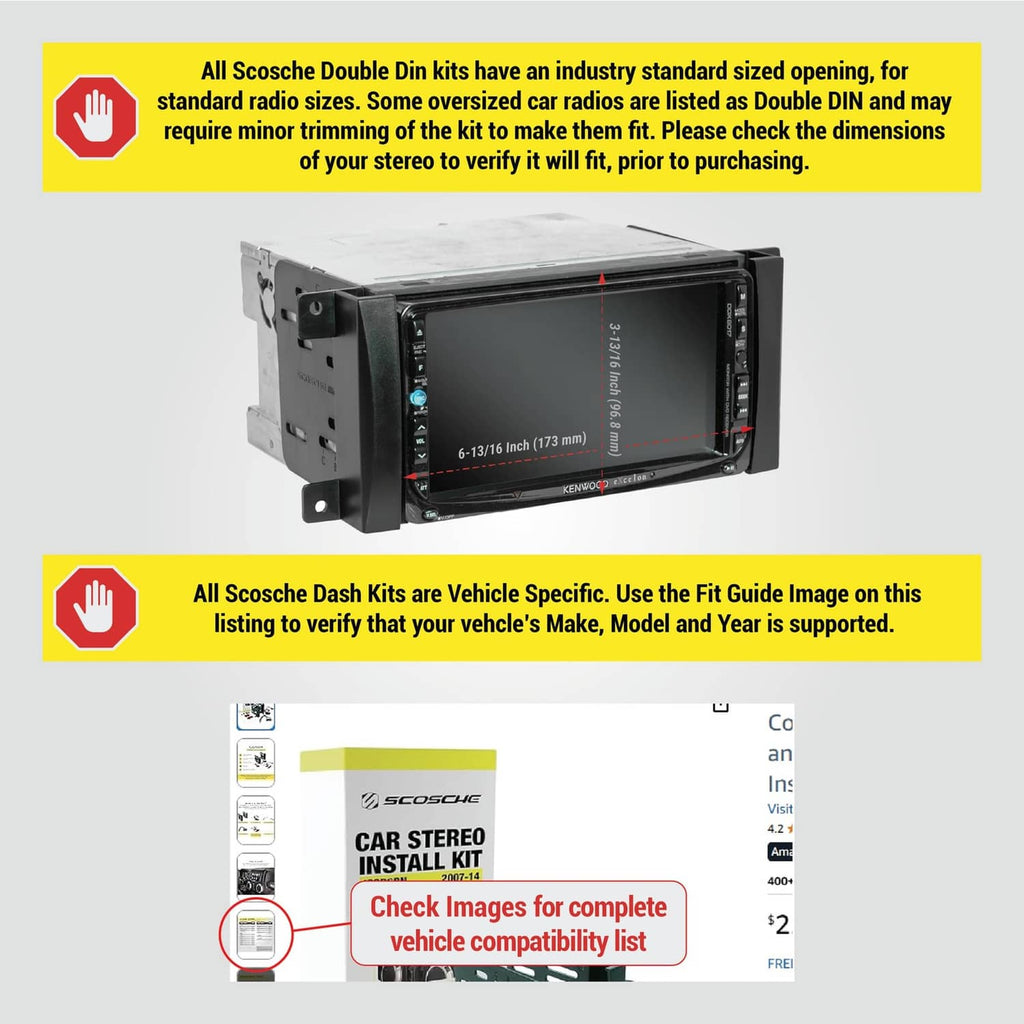 Double DIN dash kit opening with black mounting brackets and fit guide graphics
