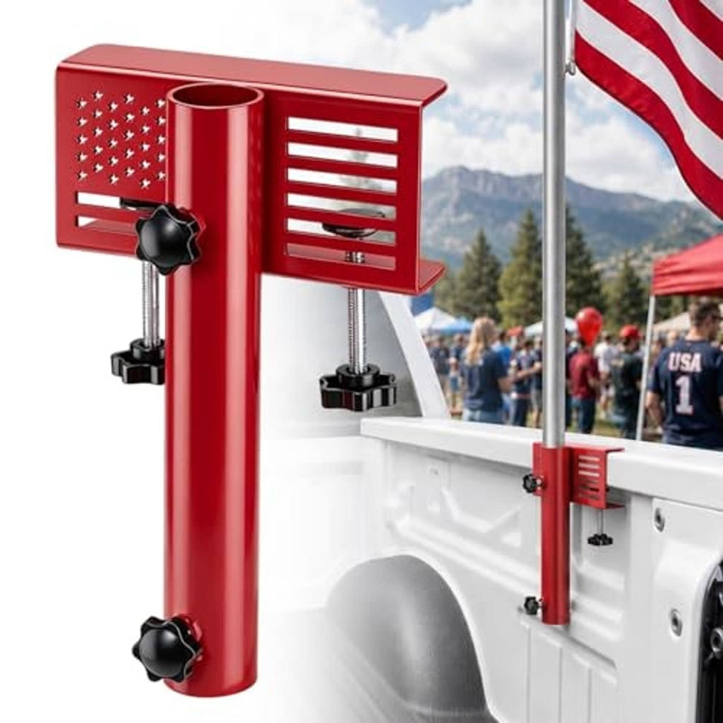 Red flag pole holder clamp on truck bed with metal pole and bracket