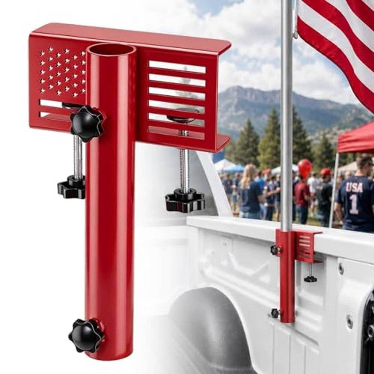 Red flag pole holder clamp on truck bed with metal pole and bracket