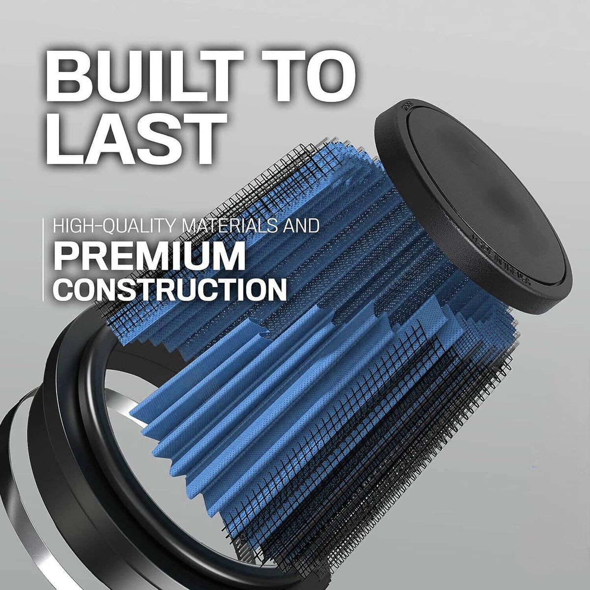Blue pleated cone air filter with black base, close-up construction view