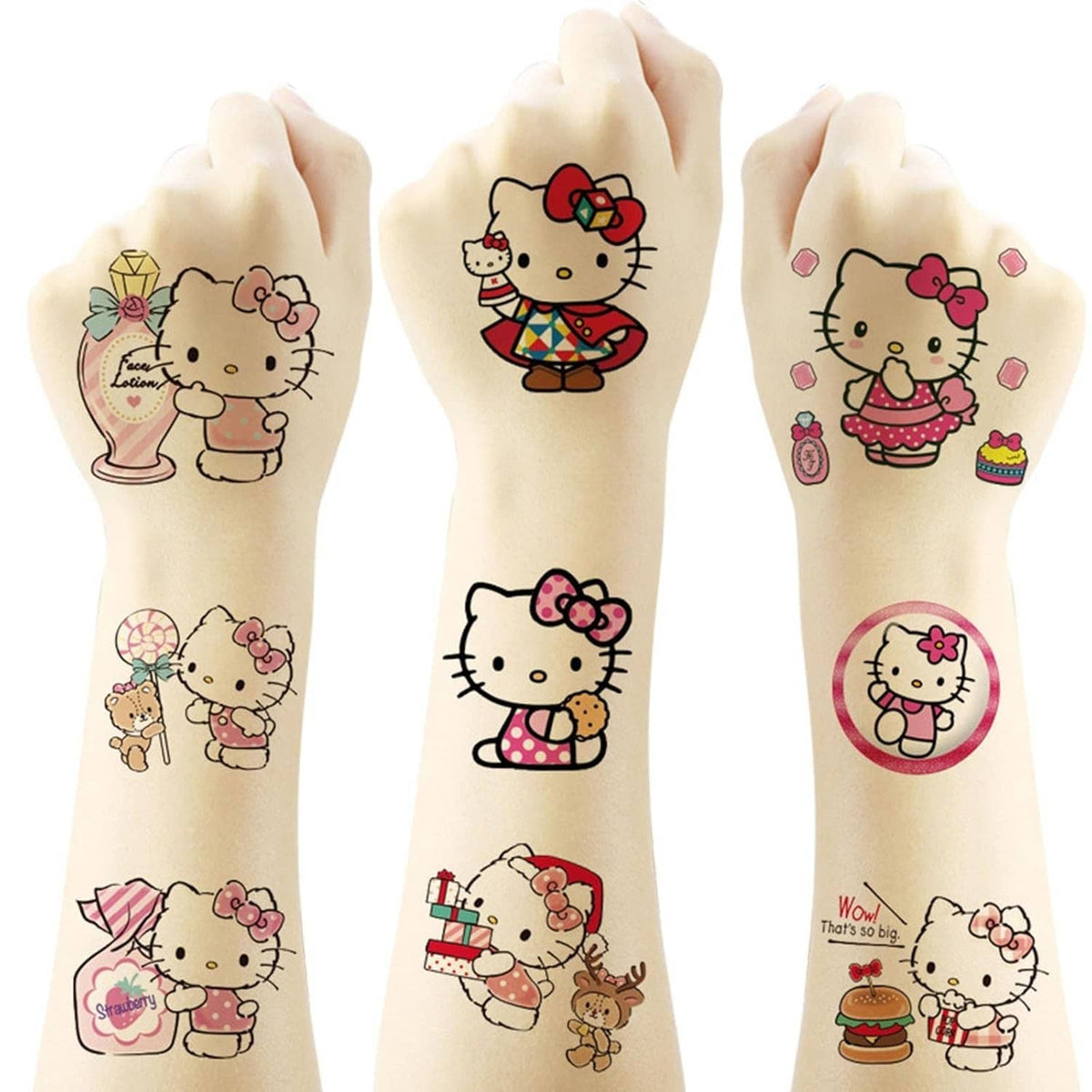 Child hands with Hello Kitty temporary tattoos, colorful cartoon character designs.