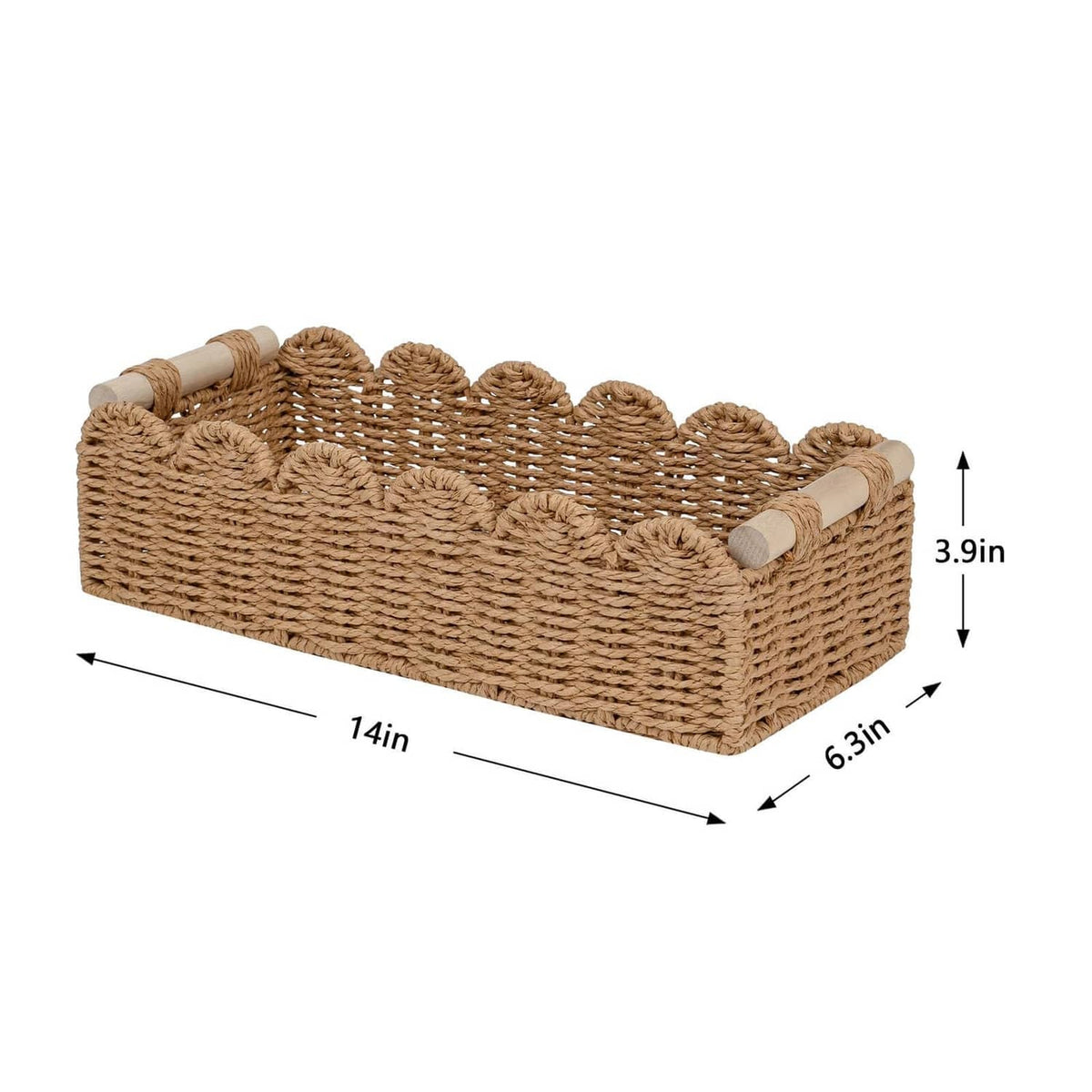 Scalloped woven rattan toilet paper basket with side grip and open top