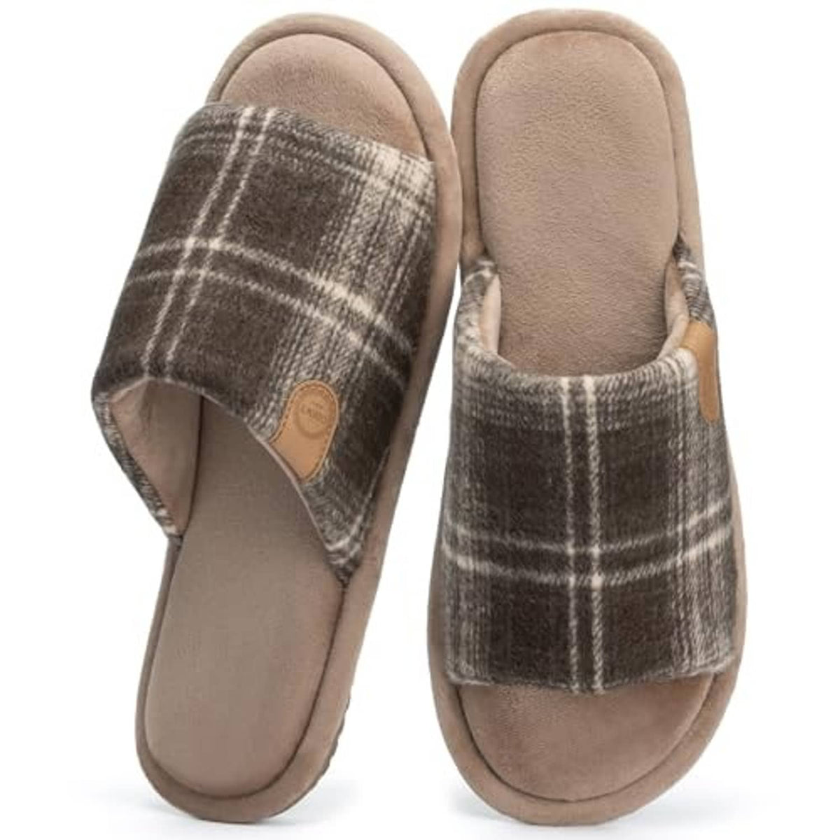 Brown plaid open-toe slippers with tan collar lining and rounded cushioned footbed