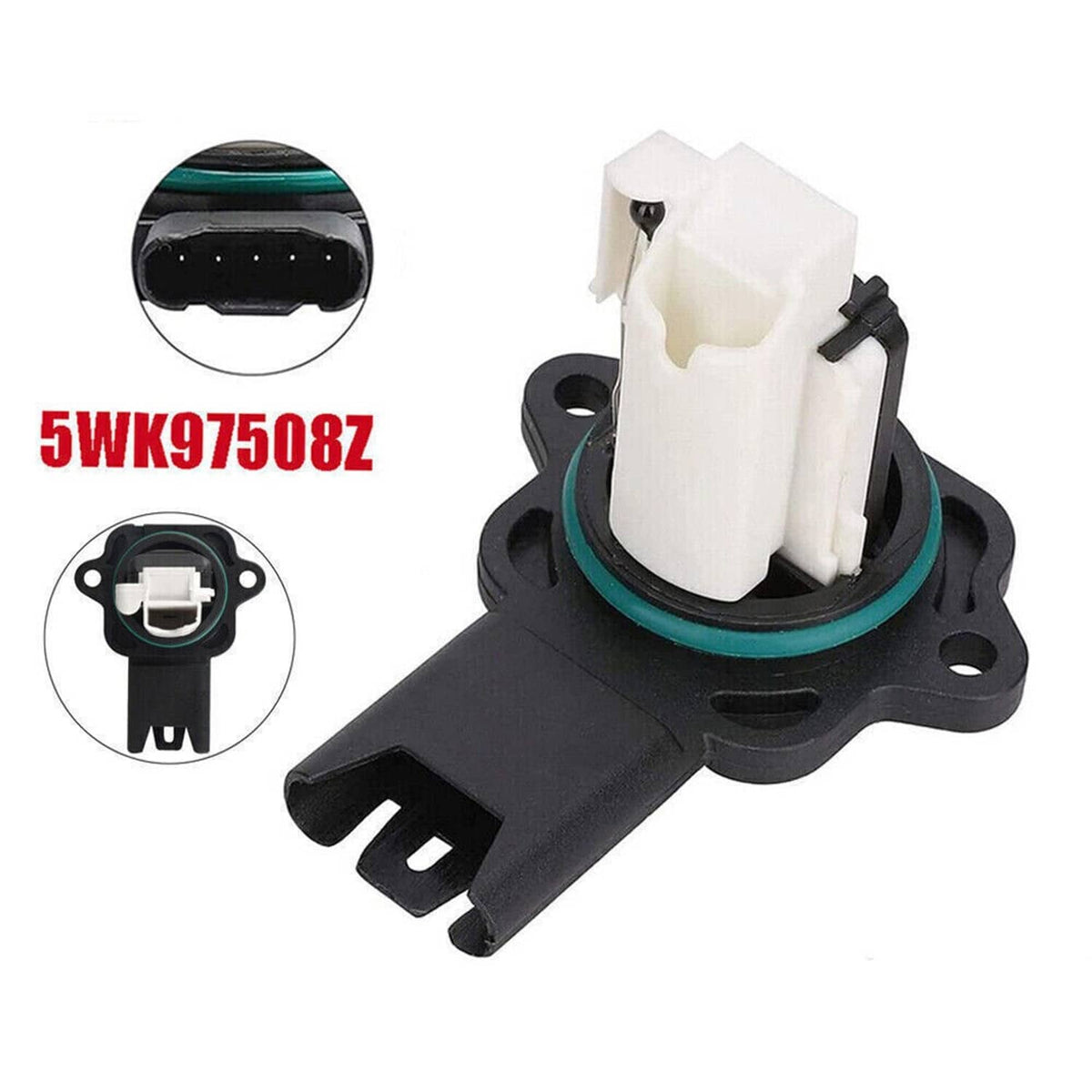 Mass air flow sensor assembly with white connector and black housing on circular base