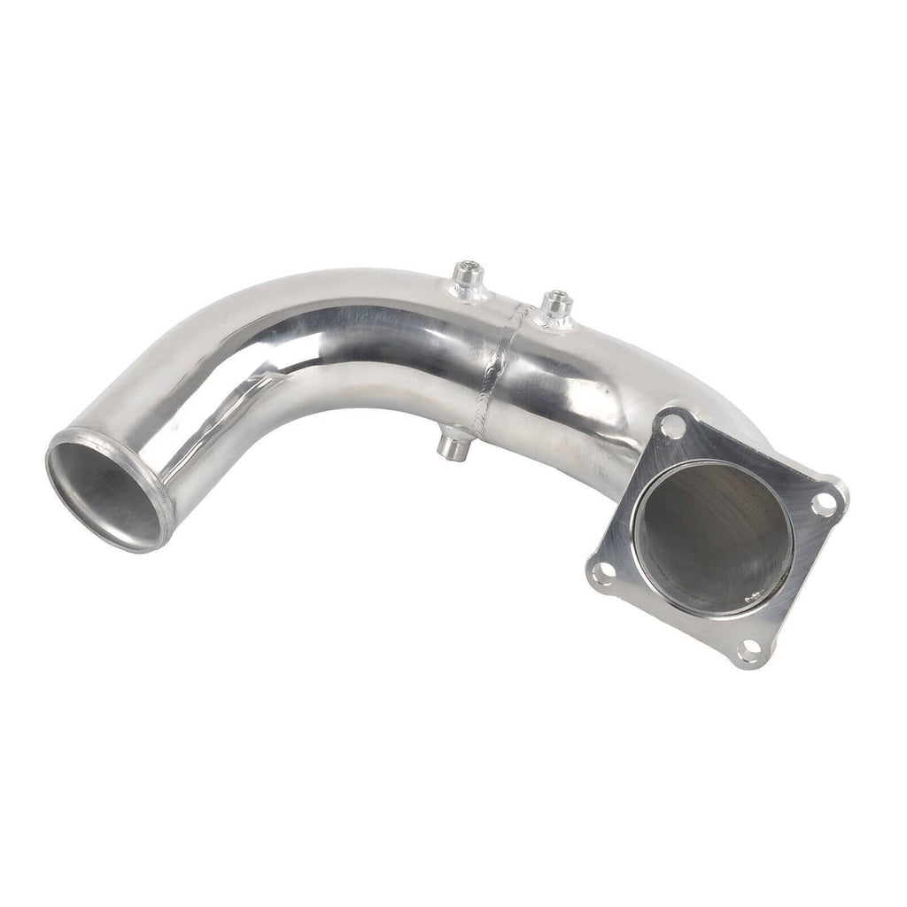 Polished air intake elbow charge pipe with oval mounting flange and smooth curved tube
