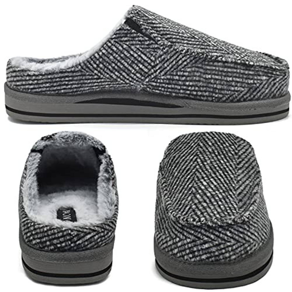 Grey herringbone clog slippers in multiple views with faux-fur interior and grippy sole