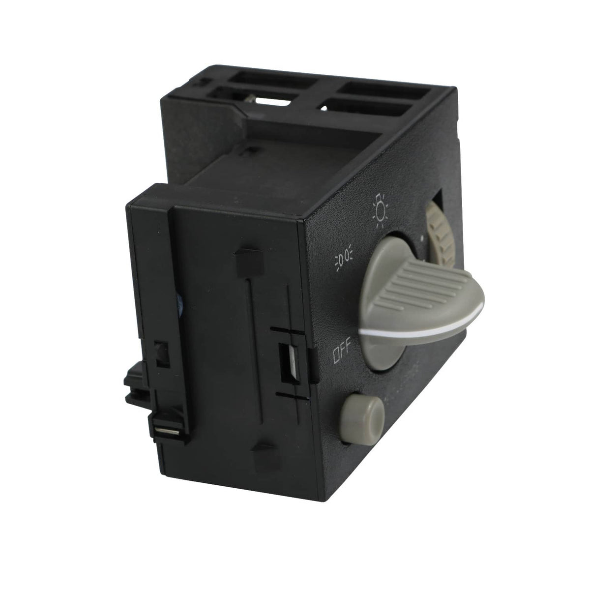 Black dash headlight switch with gray knobs for light control and dome override