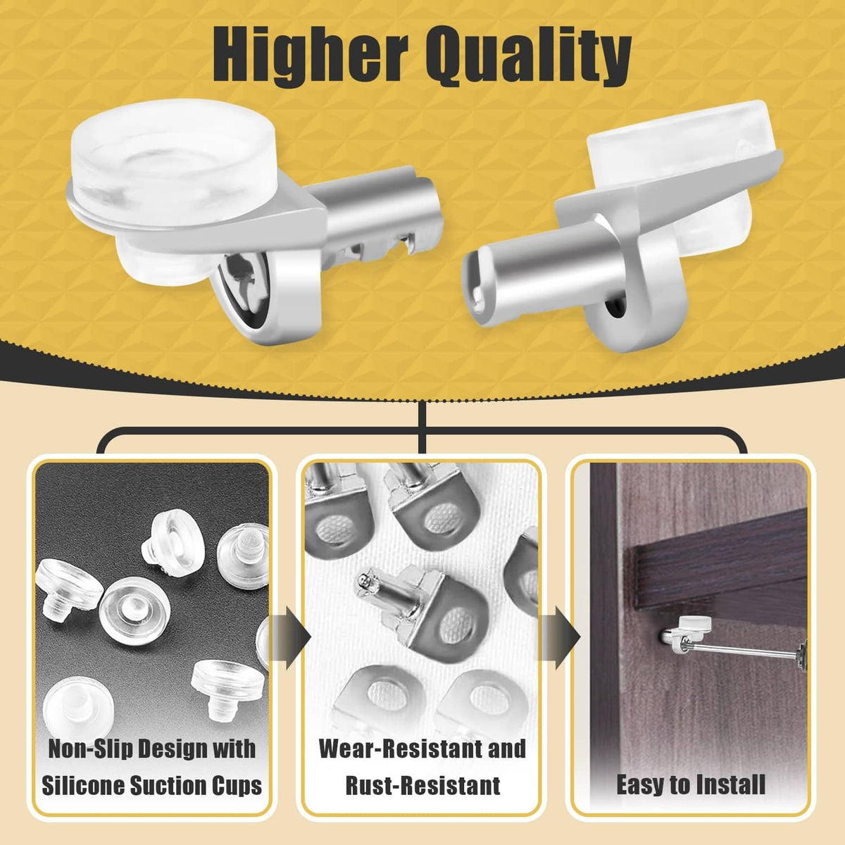 Metal shelf pegs with white silicone suction cups, rust-resistant hardware (pair shown)
