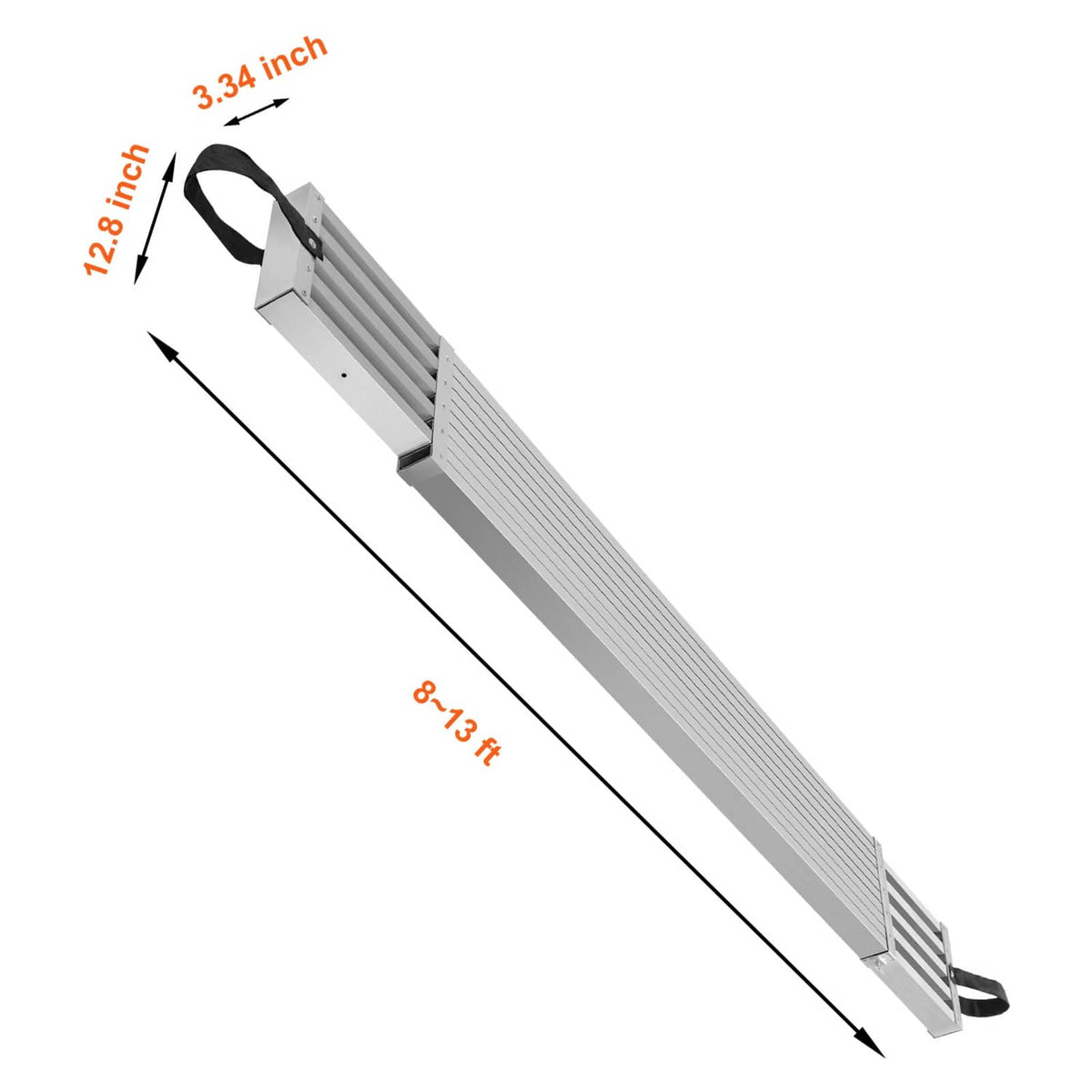 Aluminum telescoping scaffold plank shown in length view with black end straps