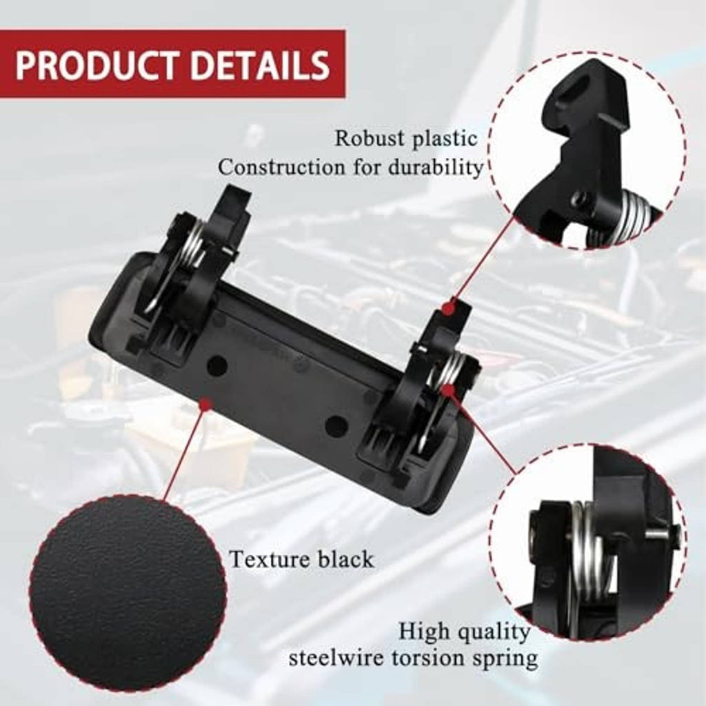 Black plastic exterior door handle with textured grip and steelwire tension spring posts