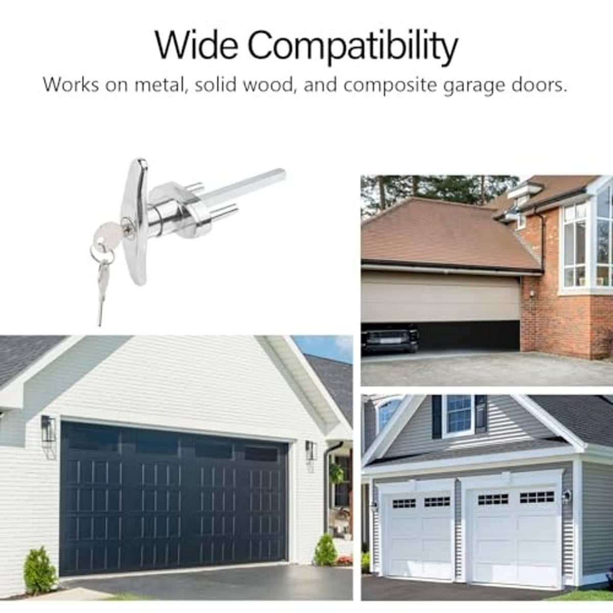 T-handle garage door lock with cylinder and keys, silver metal