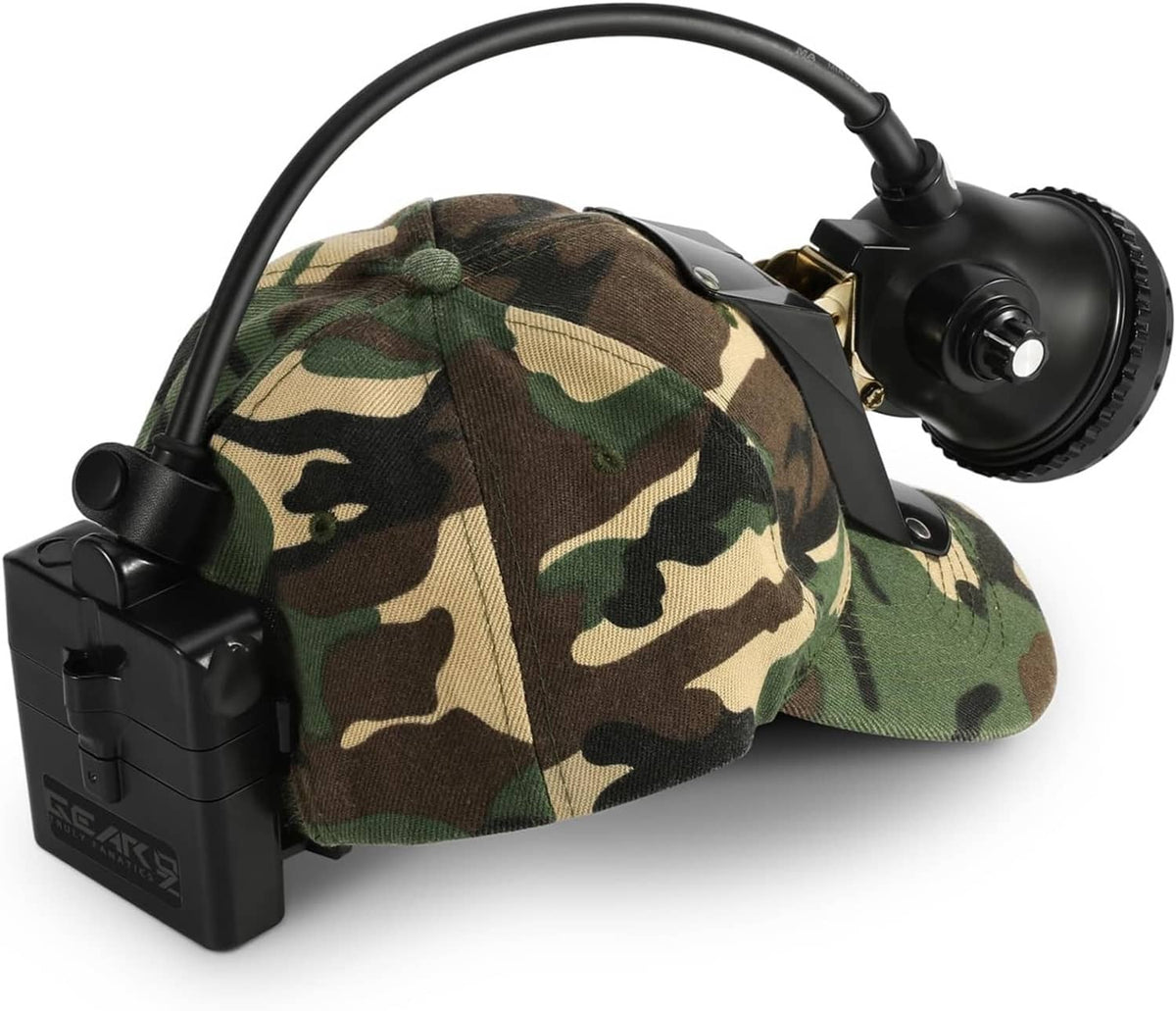Camouflage hunting headlamp cap with mounted spotlight and battery case, cable attached.