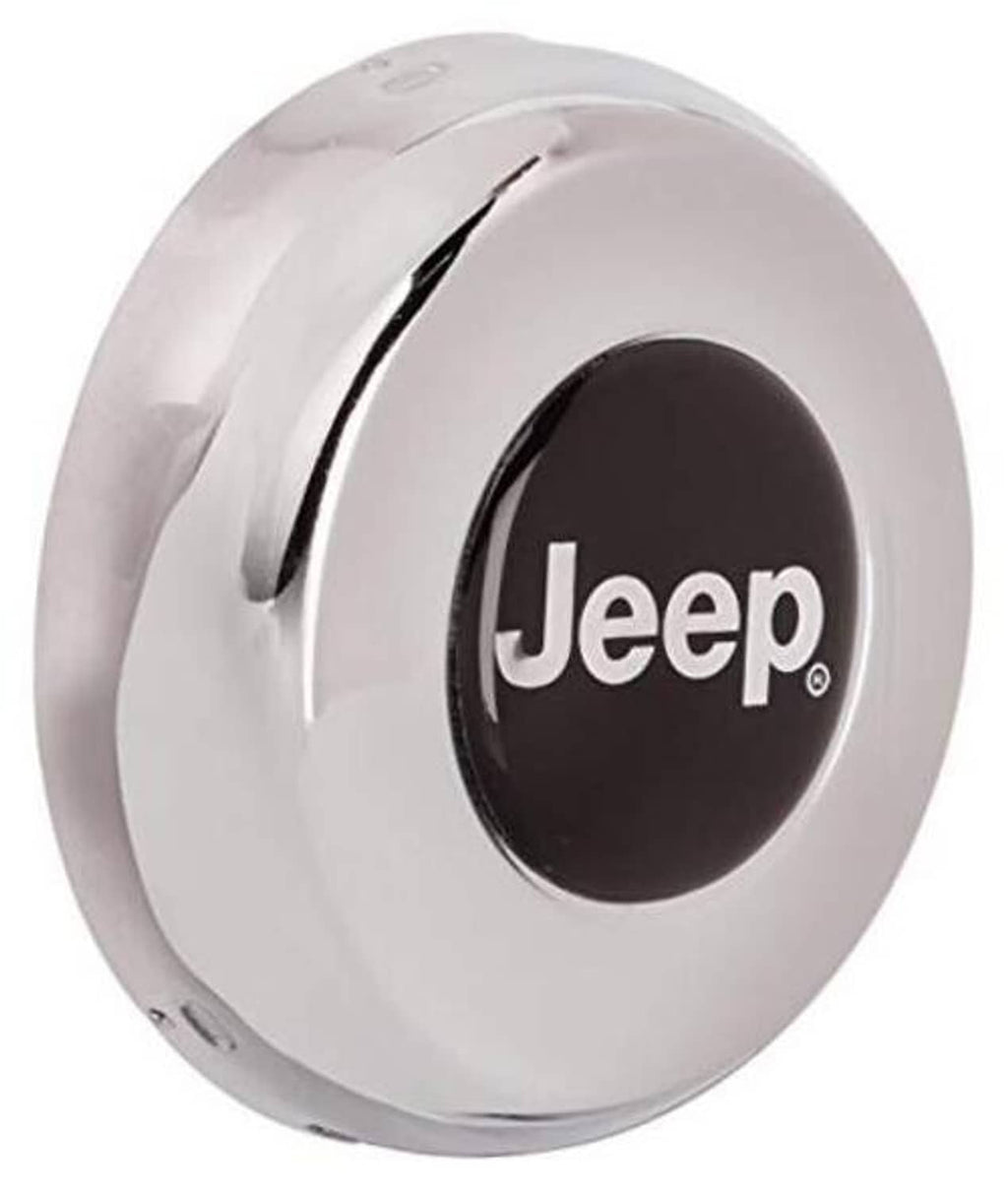 White steering wheel center cap with Jeep logo and black inner ring