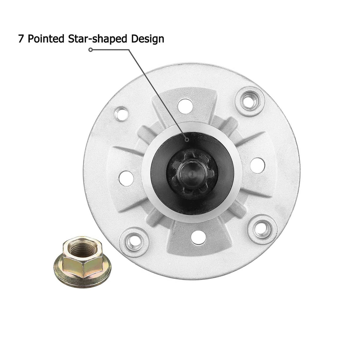 Lawn mower spindle top plate with 7-point star pattern and threaded stud
