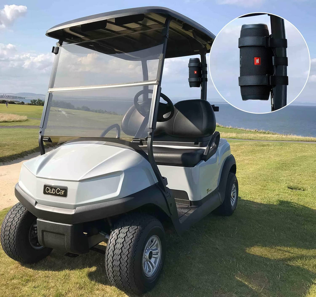 Black speaker mount attached to a golf cart roof bar with two Velcro straps