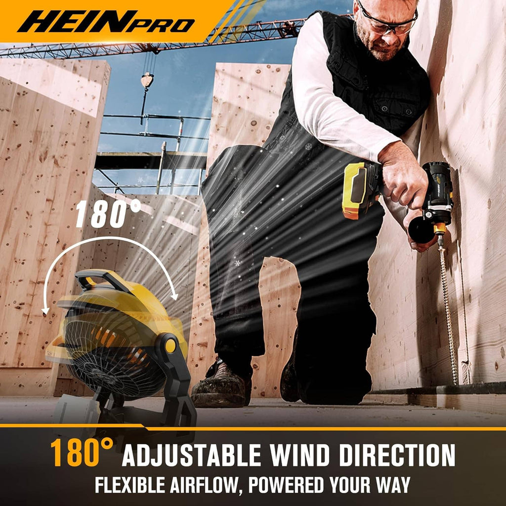 Yellow portable fan with adjustable wind direction on black stand and handle