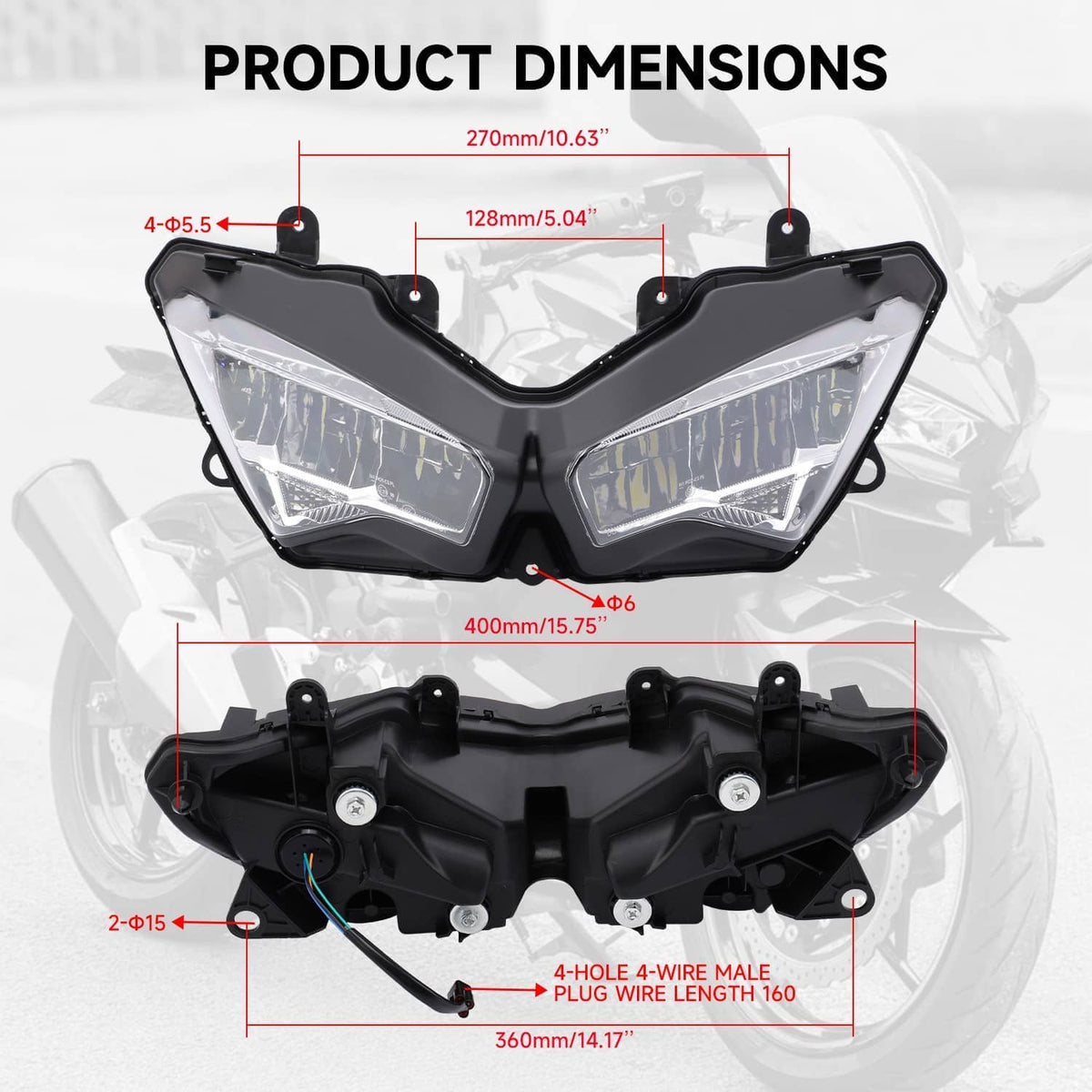 Motorcycle headlight fairing and mounting bracket shown with size diagram