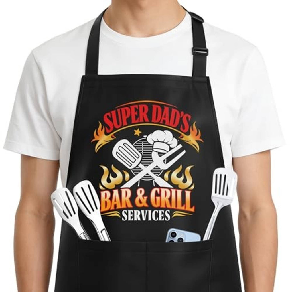 Black grilling apron with front “Super Dad’s Bar & Grill Services” graphic and chest strap
