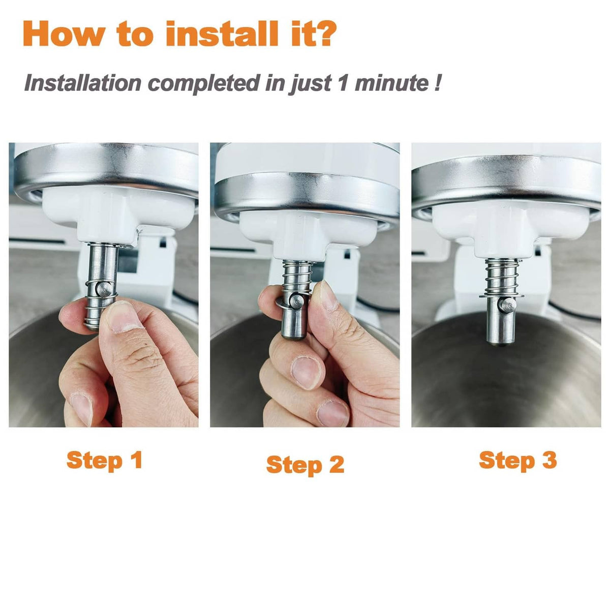 Hand installing chrome threaded post and spring hardware under mixer head