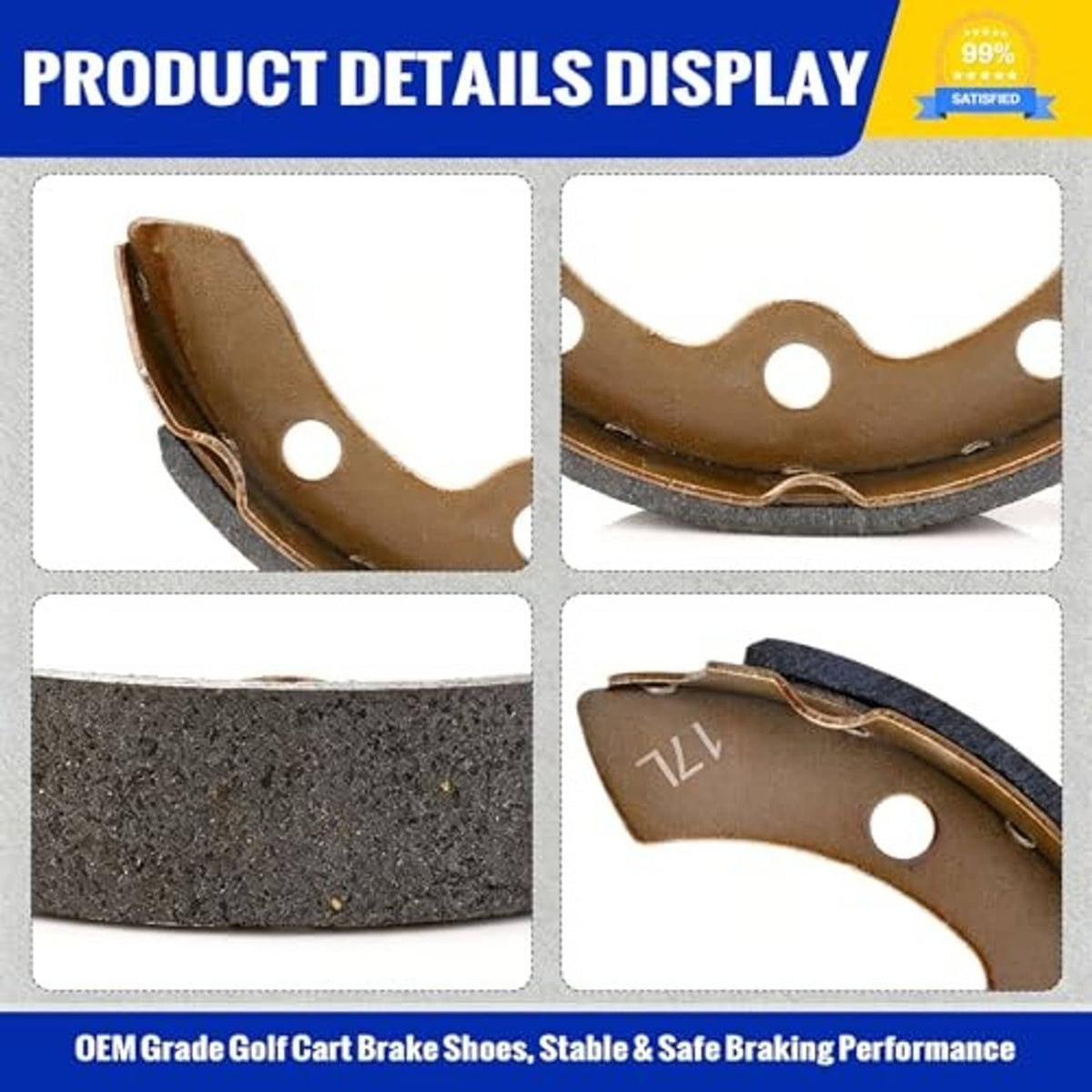 Golf cart brake shoe pad close-up showing brown friction surface and riveted backing