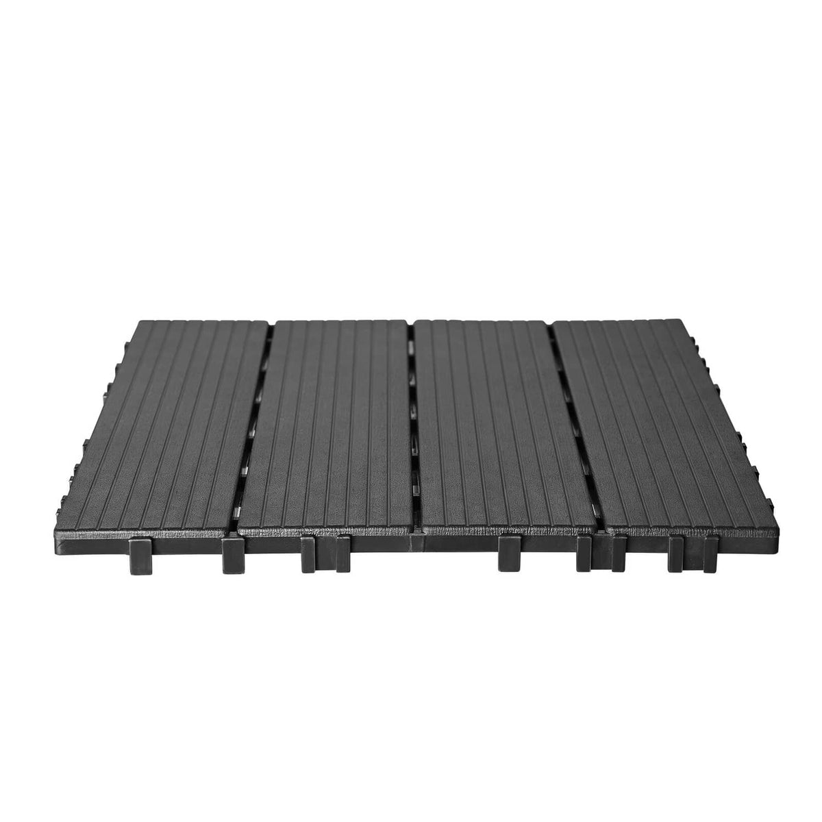 Dark grey plastic interlocking deck tiles, multi-piece mat with edge connectors and grooves