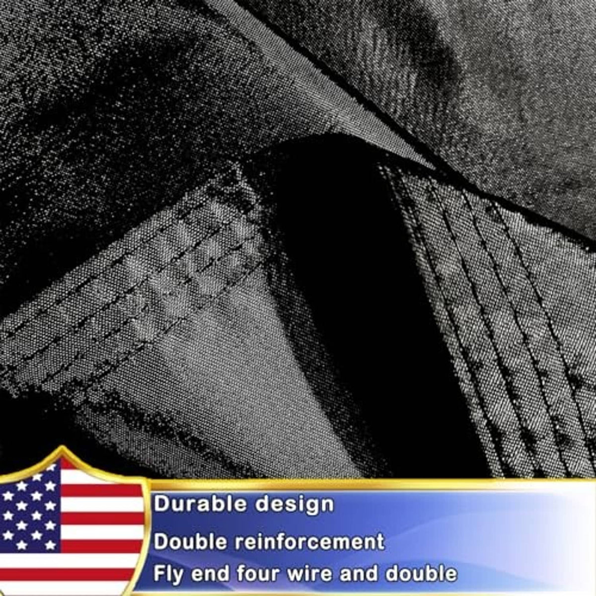 Black POW-MIA embroidered flag fabric close-up with reinforced stitching and curved emblem edge